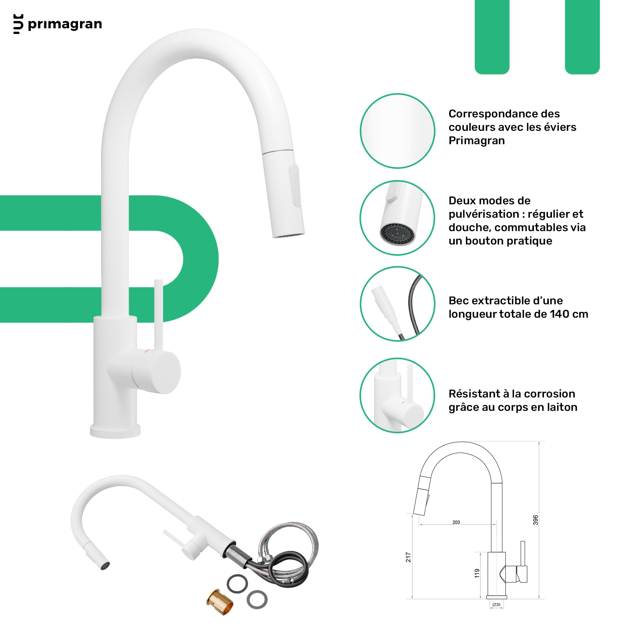 PRIMAGRAN Evier Cuisine en Granit Blanc 62x50cm, Lavabo 1 bac + Robinet 40x20cm + Kit de Vidage, Évier à Encastrer au Meuble 40cm - Milan S017