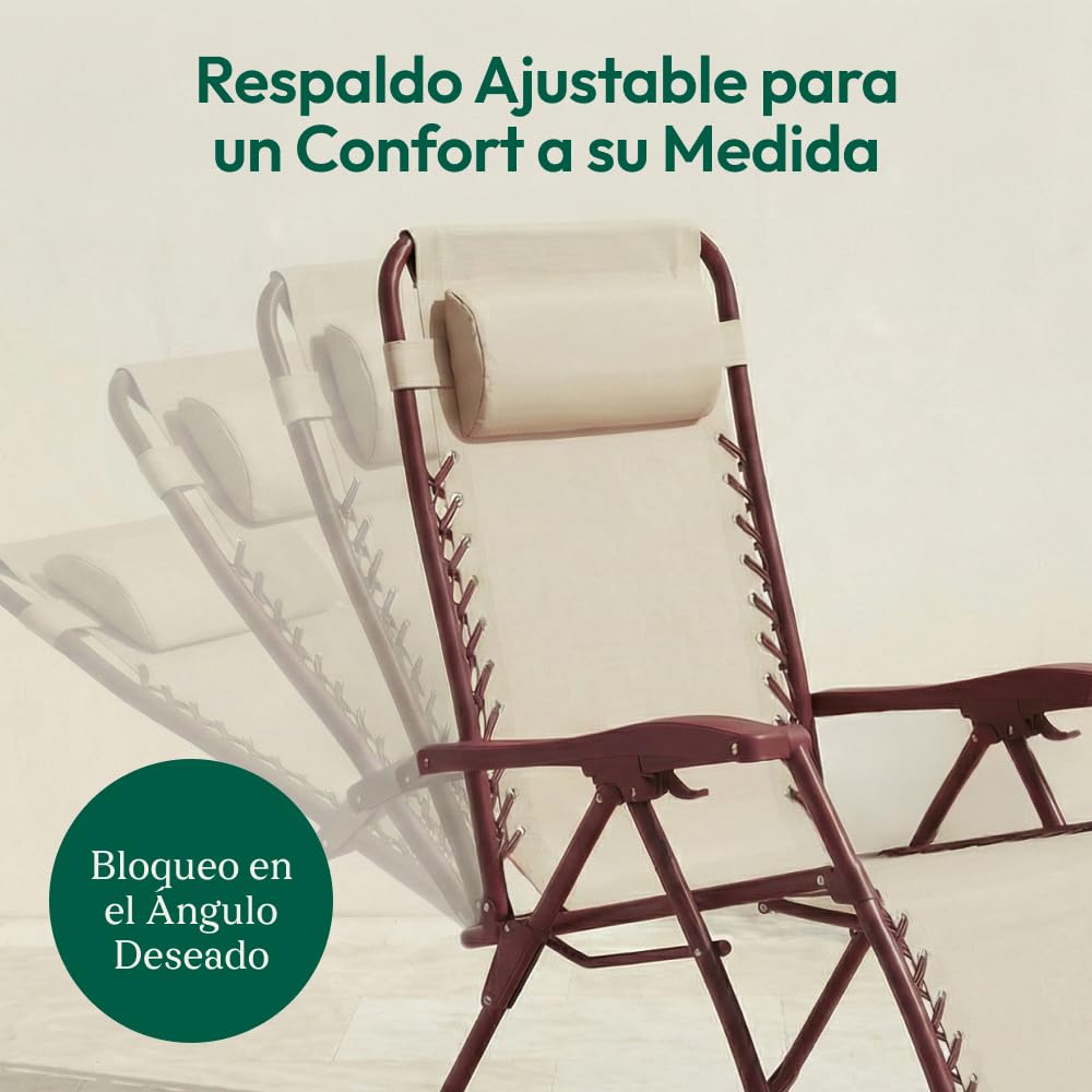 CASABEL Silla Plegable de Gravedad Cero, Terracota | Reclinable, posición de gravedad cero, confort óptimo, textilene transpirable, acero anticorrosión, cojín repelente al agua
