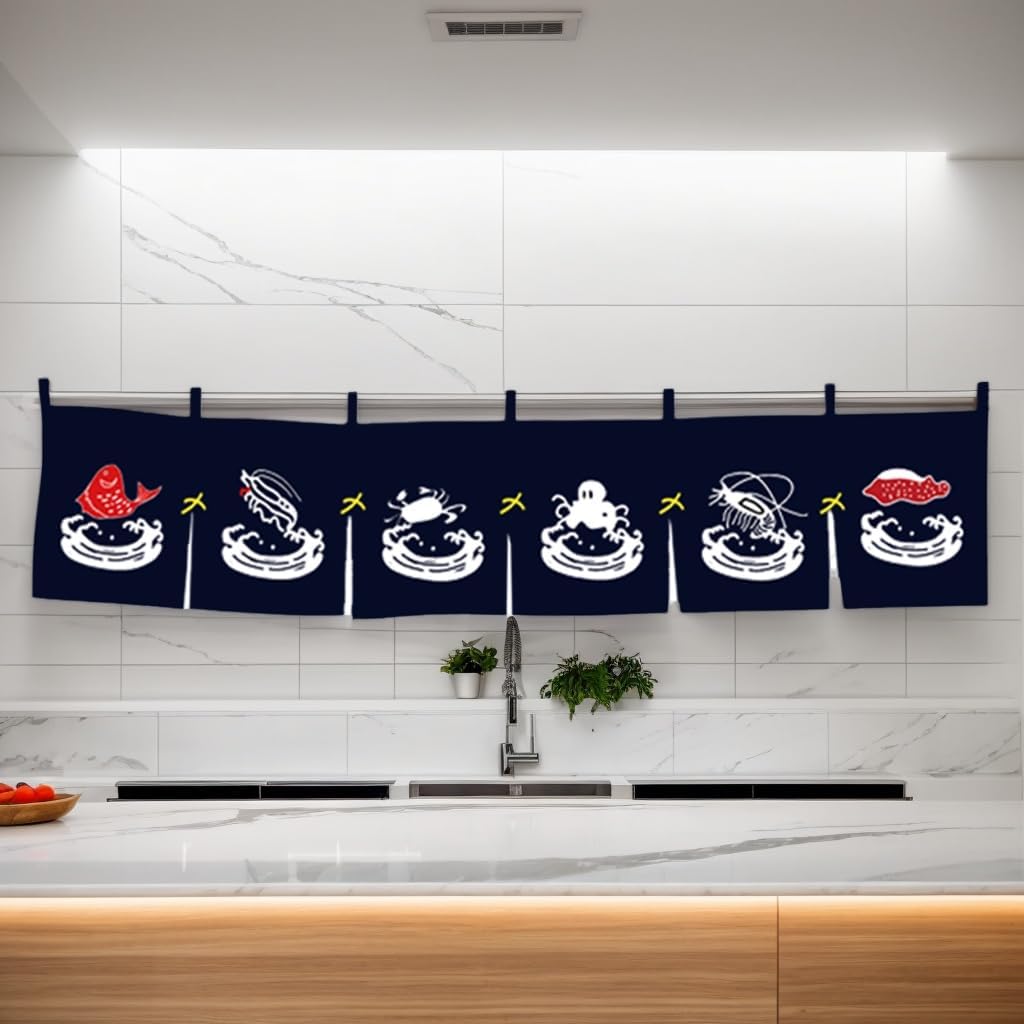 Noren (Japanese Curtain) Octopus Shrimp Door Way Short Curtains for Japanese Restaurant Decor 40×140CM