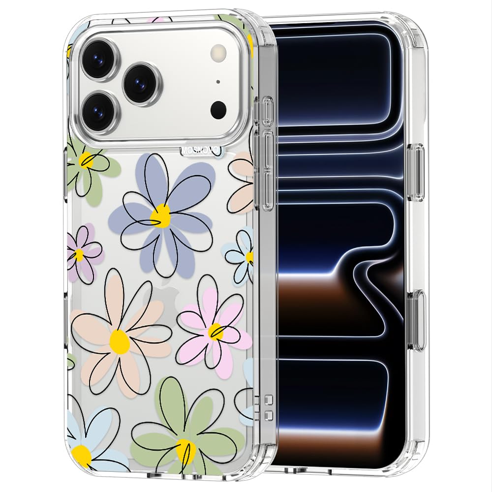 MOSNOVO for iPhone 17 Pro Max Case | Military Grade 6.6ft Drop Tested | Camera Control | Clear with Linear Blooms Design