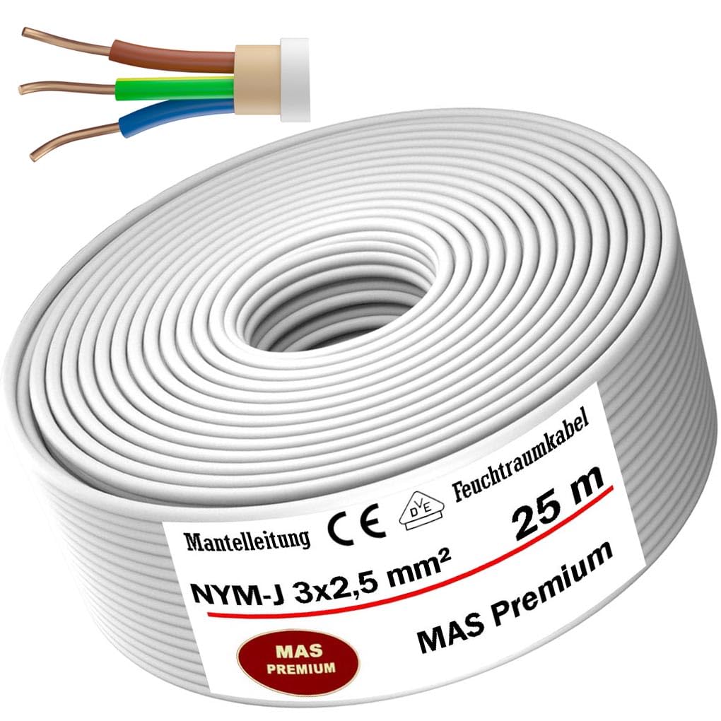 MAS Premium Cable de alimentación para ambientes húmedos, NYM-J 3 x 2,5, 5 - 200 m, cable eléctrico para instalación fija