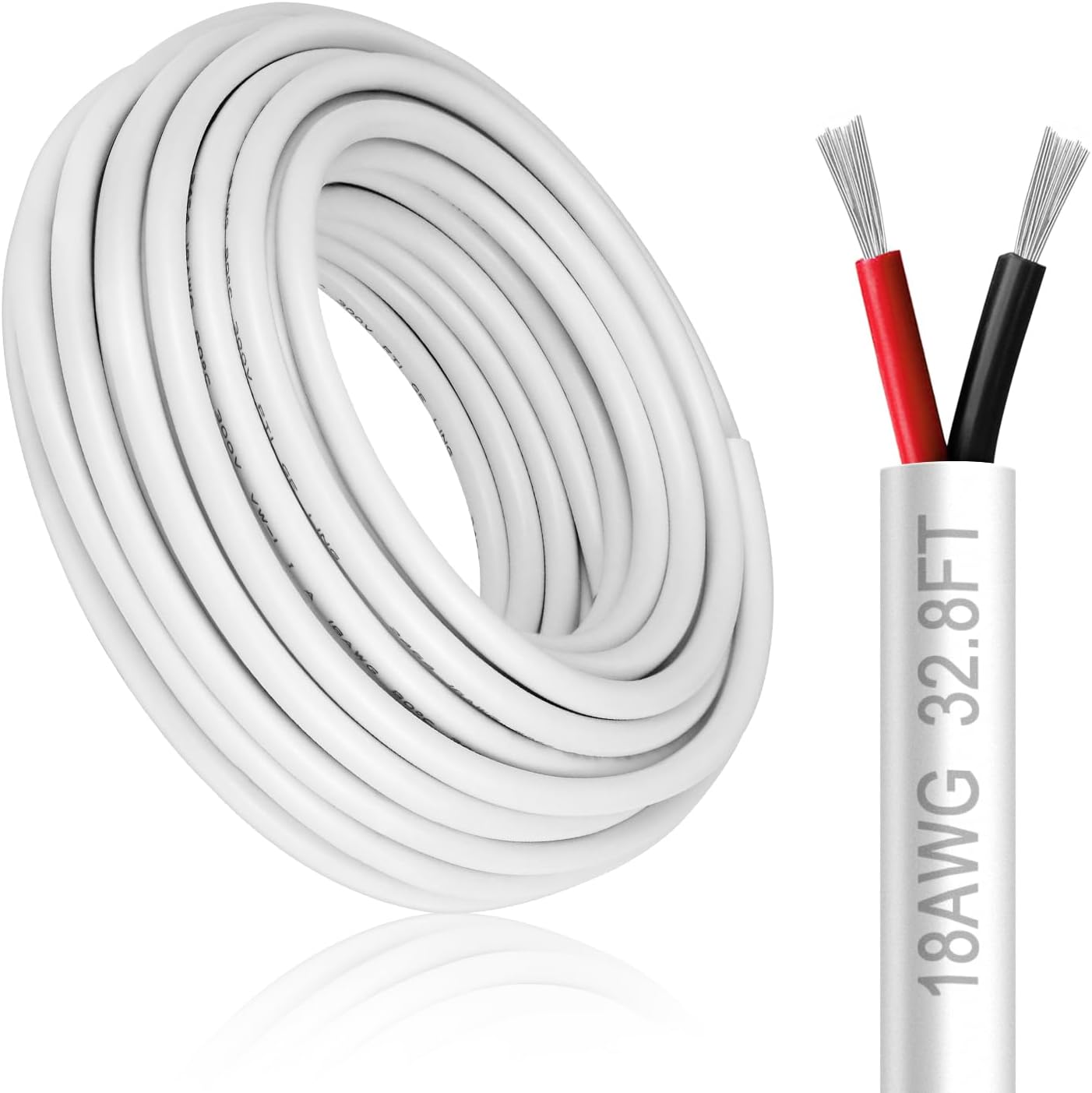 18 Gauge 2 Conductor Electrical Wire, 32.8FT White Stranded Low Voltage 18/2 Cable PVC Case, 18 AWG Tinned Copper 2 Wire Extension Power Cable for LED Lamp Lighting, Automotive