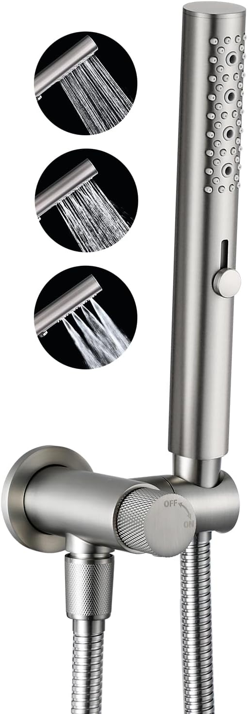 G-Promise All Metal Handheld Shower Set with 3-Function Showerwand, included Handheld Holder to Control on/off Switch and 70 Inch Tangle-Free Stainless Steel Hose Brushed Nicke