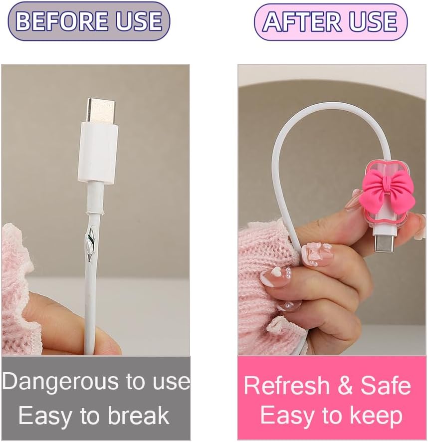4pcs Cable Connection Protector, Cute 3D Bow Tie Waves Design for Apple Lightning/Type-C Data Line Head Cord Savers Wire Protection Cover Anti-Break Charger Cables Sleeves, Rose Bow image 3