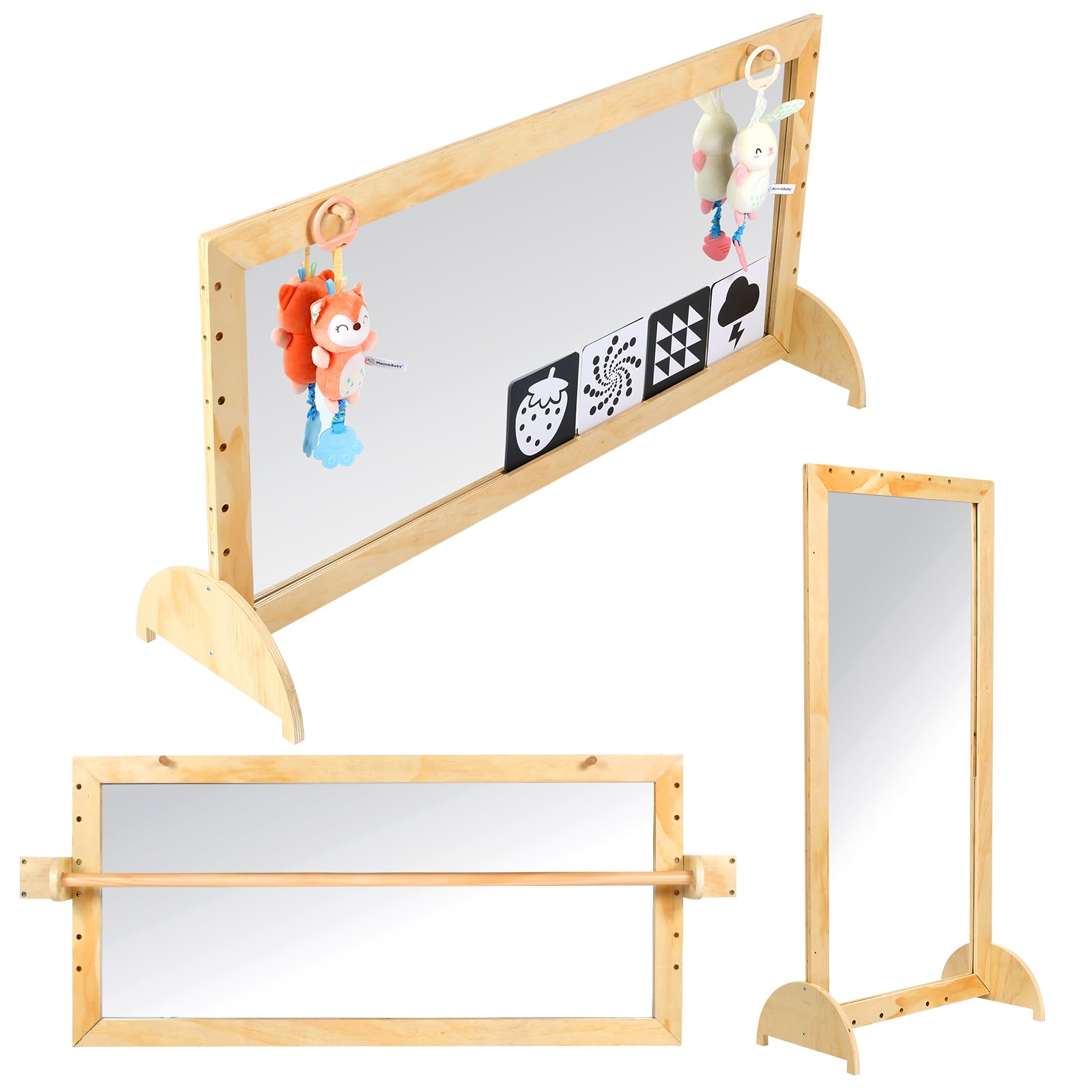 HugMemories 3-in-1 Montessori Non-Shatter Mirror with Wooden Pull Up Bar - Safe Infant Coordination Mirror, Kids Classroom Furniture for Daycare, Homeschool or Preschool (Dolls not Include)