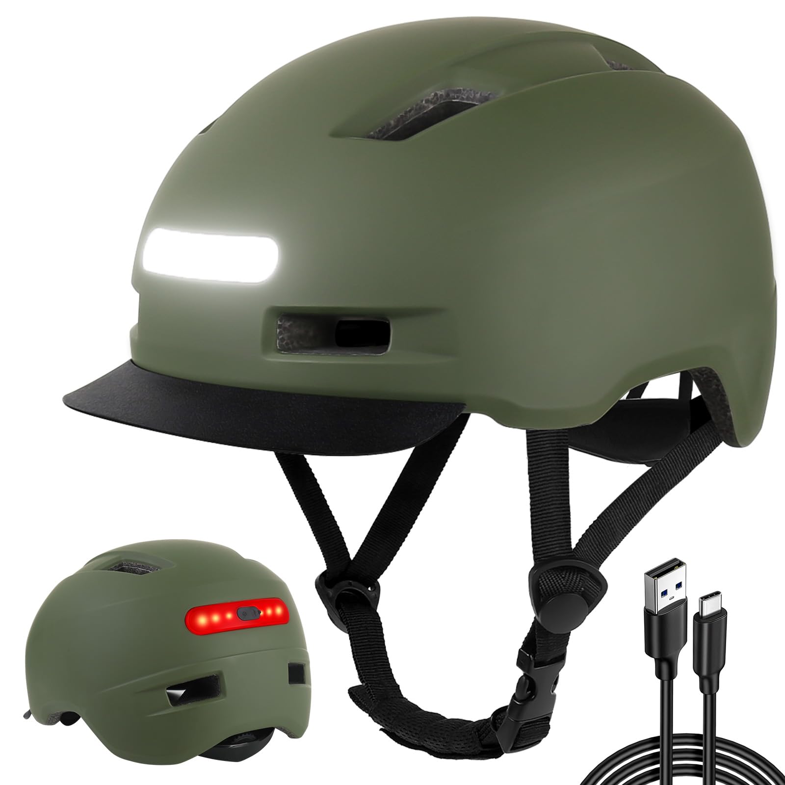 Shinmax Casco Bicicleta Mujer Hombre, Casco Bicicleta con Luz 5 Modos, USB Casco Bicicleta con Visera, Casco Bicicleta Adulto,Cascos Bicicleta Montaña, Casco Patinete Electrico Adulto para Viajeros