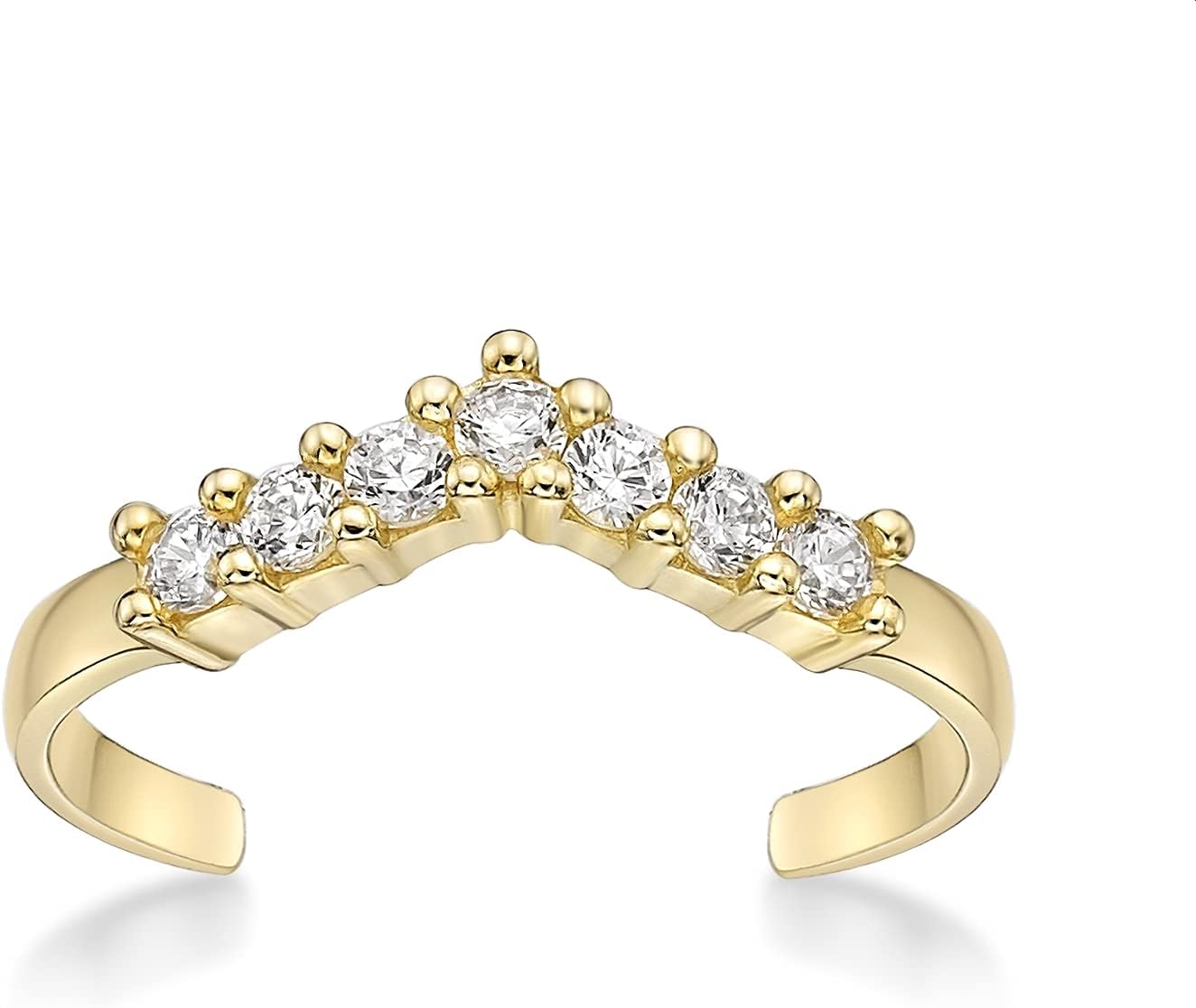 Lavari Jewelers Cubic Zirconia Open Band Chevron Toe Ring for Women I 10k White or Yellow Gold Toe Ring for Her I Adjustable Toe Band I One Size Fits Most Toes I Classic 4 mm Wide CZ Body Jewelry
