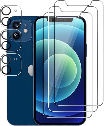 UZWZW (3+3) para iPhone 12 Mini (5.4 pulgadas) (paquete de 3) Protector de pantalla de vidrio templado y (3 unidades) Protector de lente de cámara