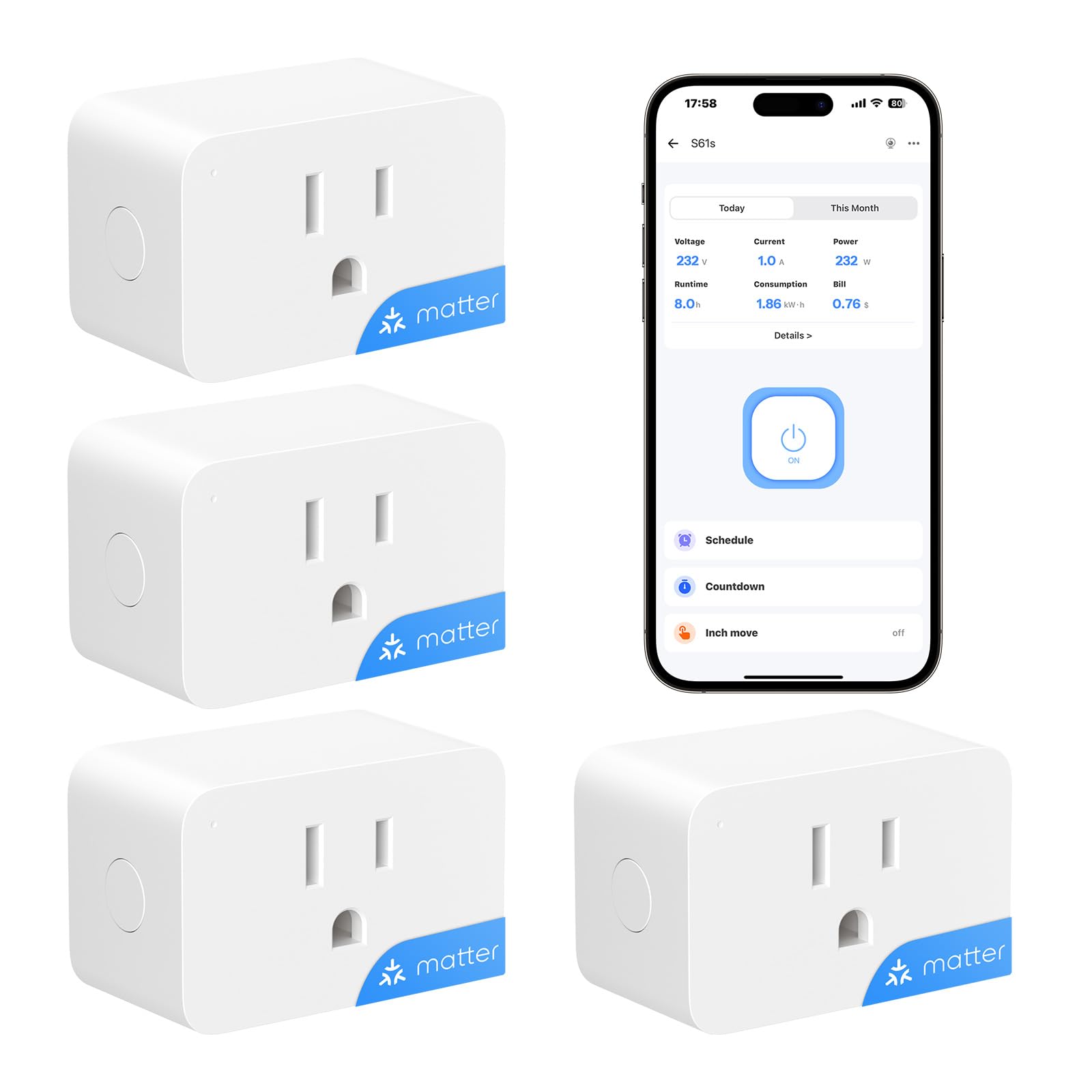 Matter smart plug with power monitoring, 15A load, cost tracking, overload protection, ETL Listed, Alexa, Apple Home, Google SONOFF S61s Matter Smart Plug 15A Wi-Fi Outlet with Energy Monitoring 4pack