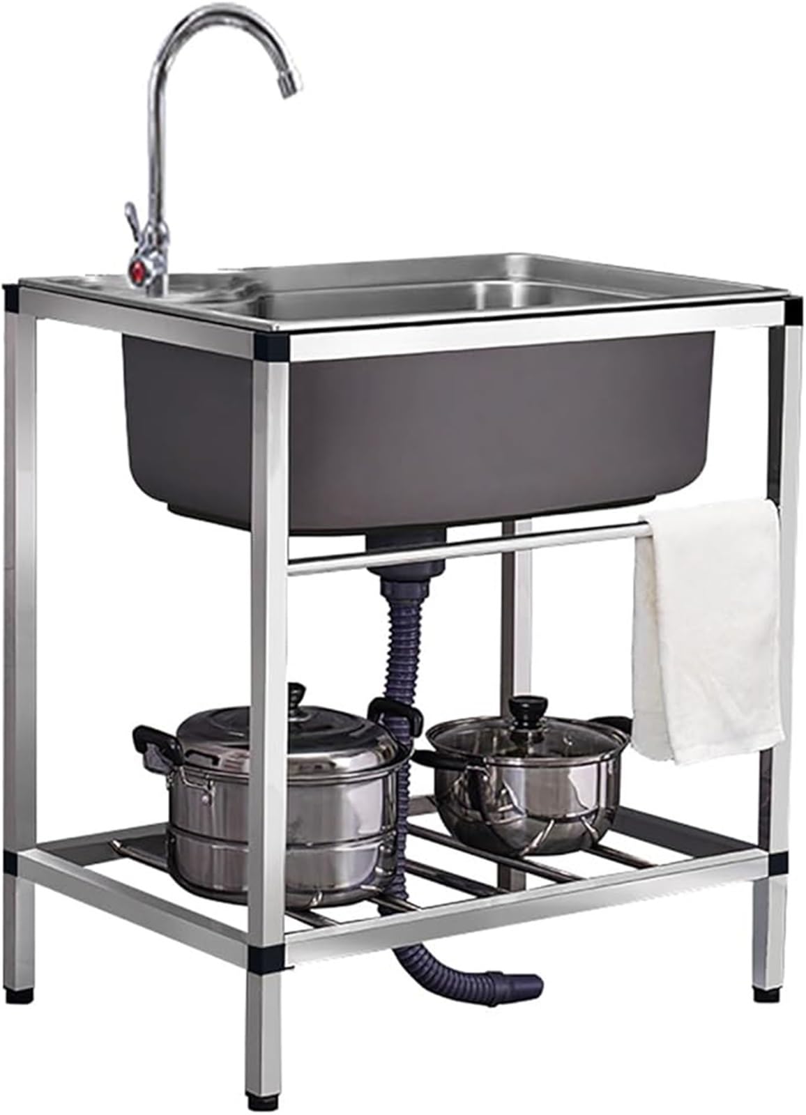 ZYCHSJXA Commercial Stainless Steel Utility Sink with Drainboard, Hot & Cold Faucet, 1 Compartment, Freestanding, Ideal for Kitchen, Garage, Restaurant, Laundry Room - 48x35x75cm