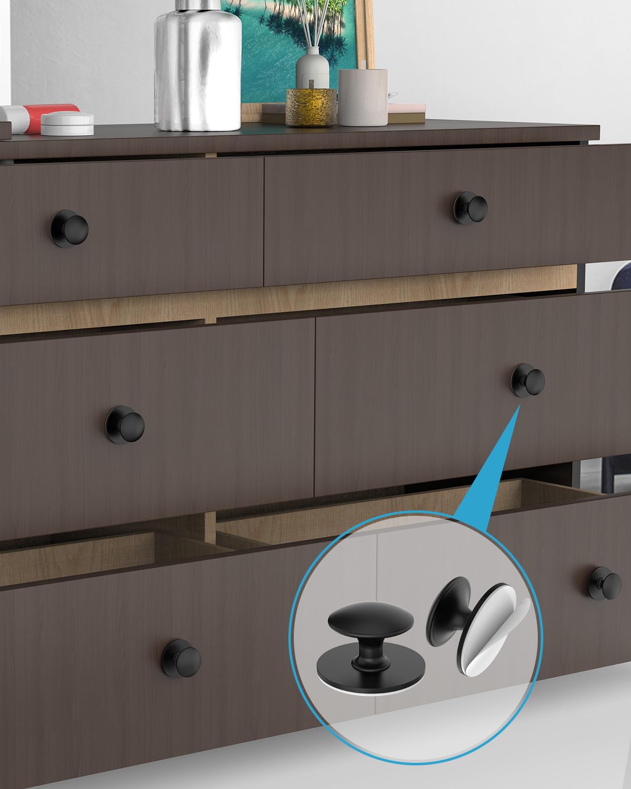 Black Cabinet Knobs - 5 Pack Self-Adhesive -3