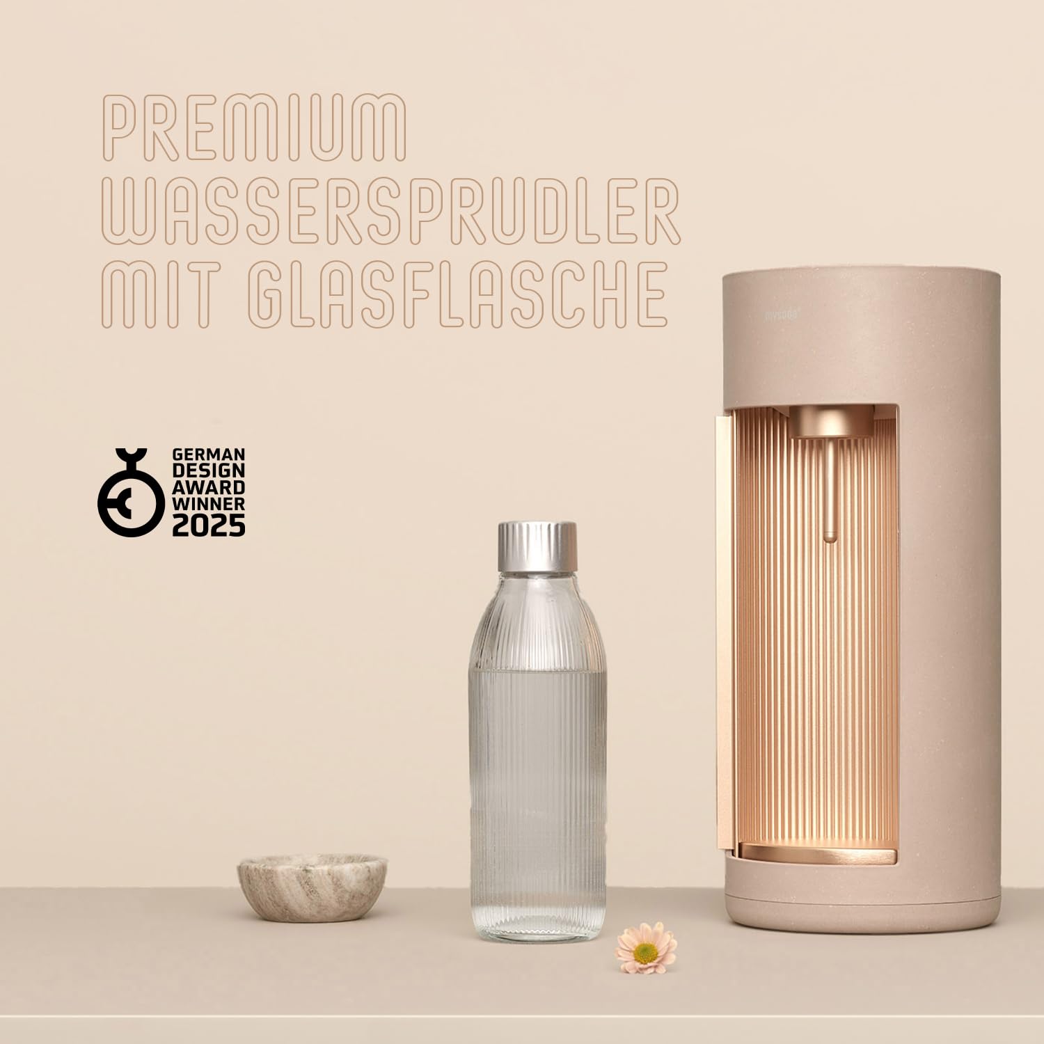 Mysoda: Glassy Wassersprudler aus Holzkomposit mit CO2-Zylinder und 1L Glasflasche & BPA-Frei 1L Plastikflasche - Latte
