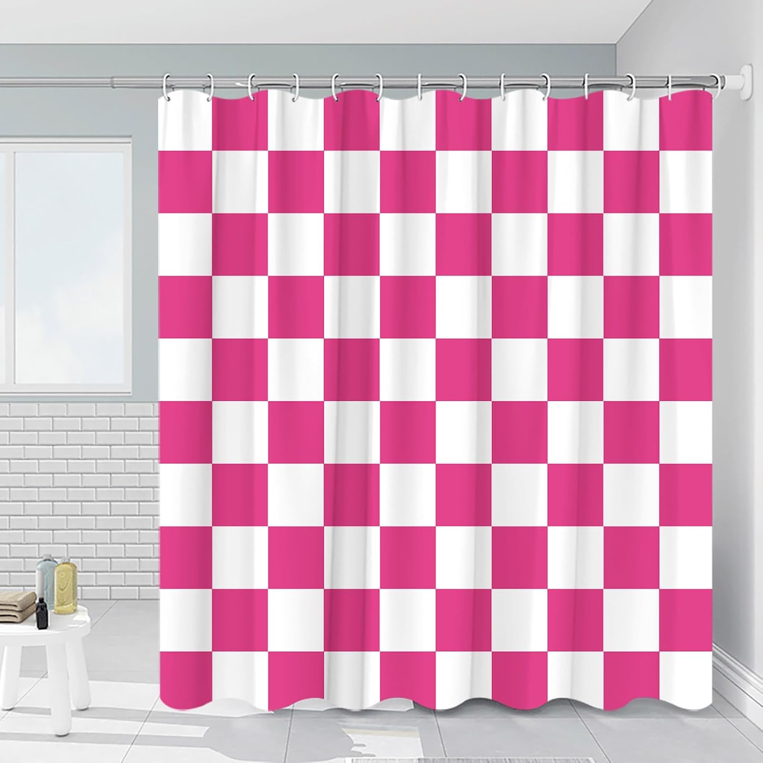Gingham Shower Curtain, Hot Pink Shower Curtain for Bathroom, Cute Vintage Gingham Minimalist Shower Curtain, Vintage Aesthetic, Machine Washable Fabric Waterproof Shower Curtain 108 x 70 in