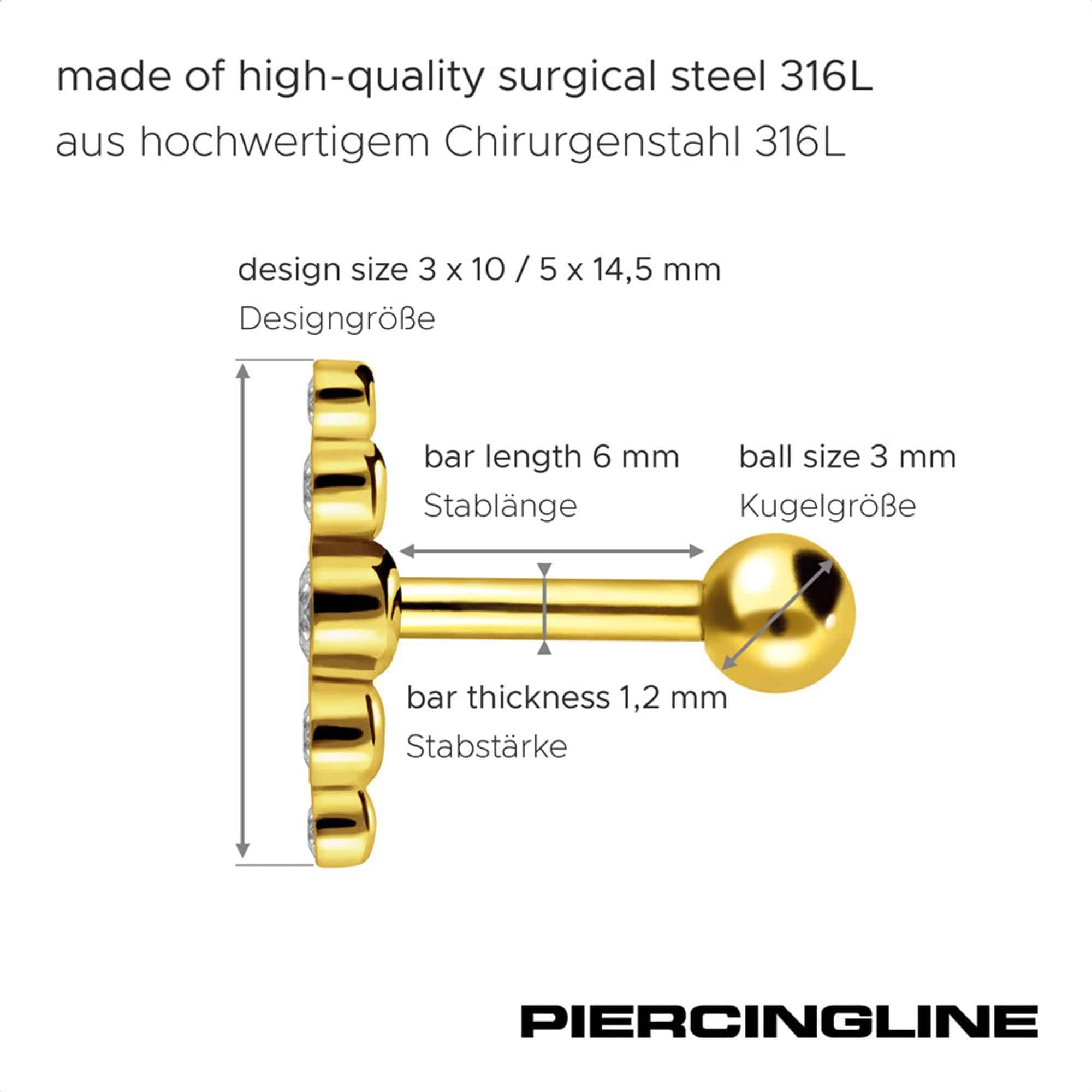 PIERCINGLINE Chirurgenstahl Ohrpiercing - langlebig & hautfreundlich - stylischer Ohrschmuck - Helix Stecker - 5 Kristalle