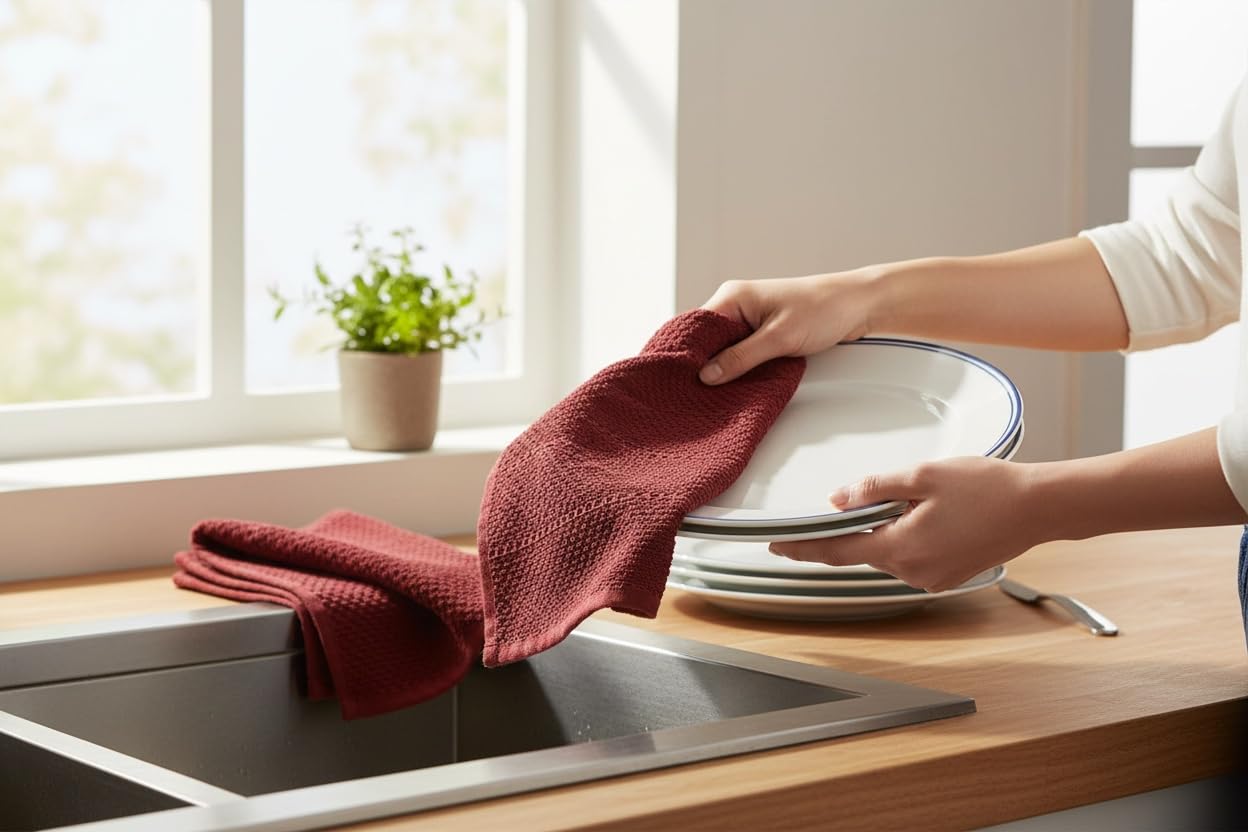 Amazon｜ダークレッドレンガキッチンハンドディッシュタオル、3枚