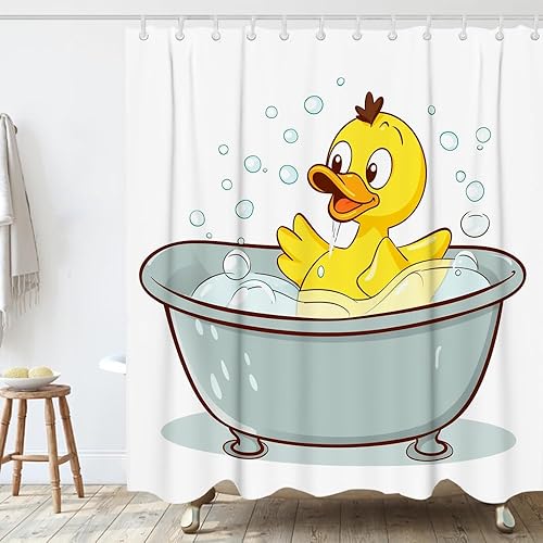 Miniatura 2 de Divertida cortina de ducha de tela con diseño de pato chirriante amarillo, juego de cortina de ducha para niños, con 12 ganchos, 72 x 72 pulgadas,
