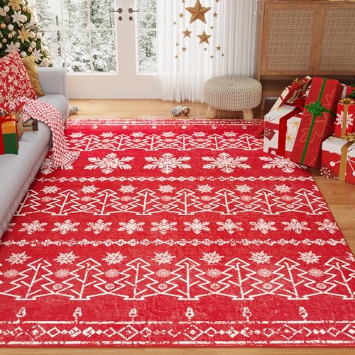 PureCozy Christmas Area Rug 5x7 Red Kitchen Washable Carpet Xmas Snowflake Holiday Decor Indoor Throw Rug Living Room Soft Low Pile Carpet Non Slip Bedroom Dining Room Office Nursery Bathroo