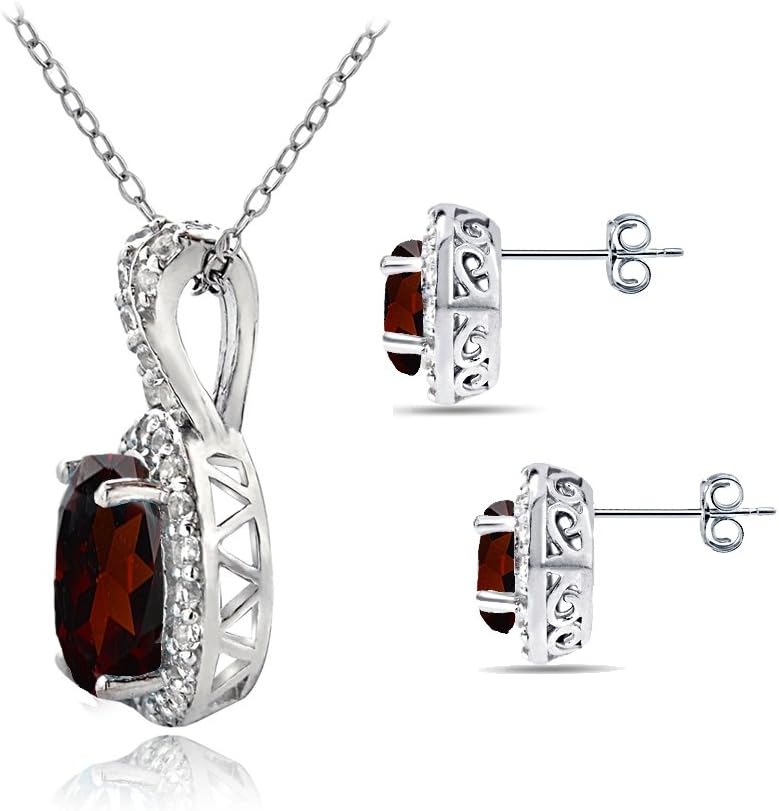 B. BRILLIANT Sterling Silver Genuine, Created or Simulated Gemstone Oval Halo X Necklace & Earrings Jewelry Set for Women Bridesmaids
