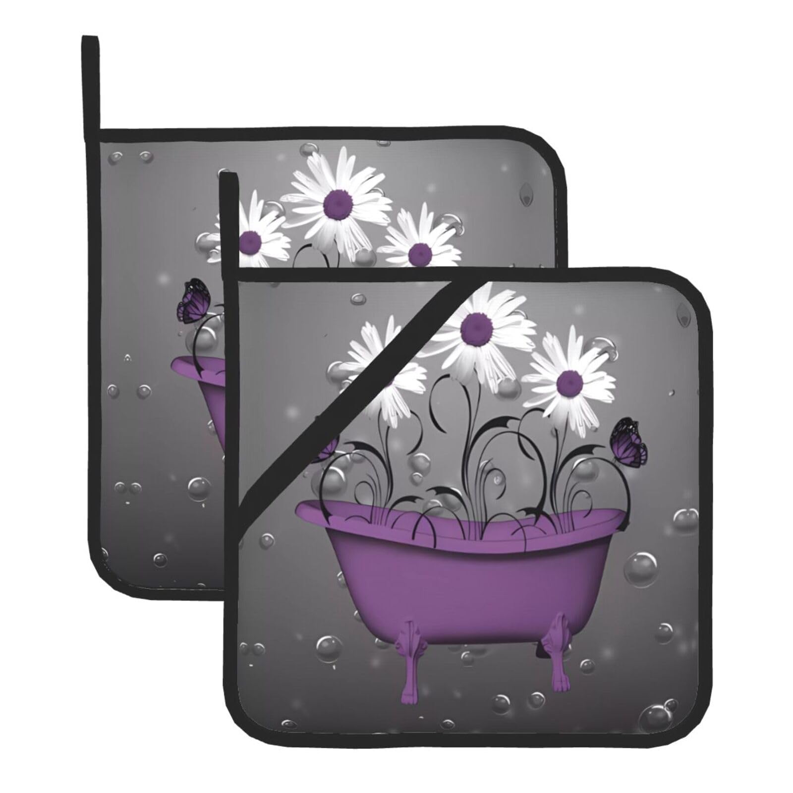 WHJSHOP Purple Bathtub and Daisy Prints Square Hot Pads for Kitchen - Waterproof Pot Covers with Hanging Loops - Thick Heat Resistant Trivets for Serving & BBQ, 2-Piece Set