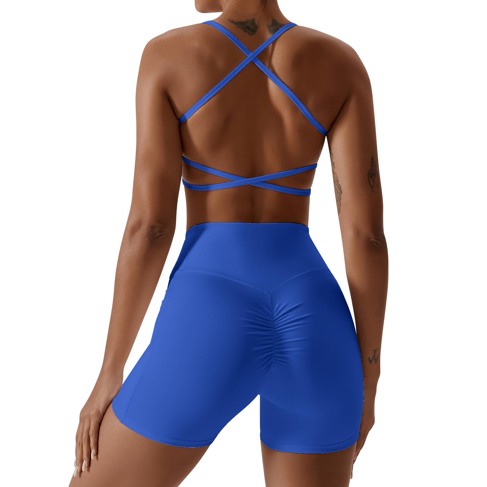 ABOCIW Workout Sets for Women Cross Back Sports Bra Crossover Waist Scrunch Butt Gym Shorts with Poackets