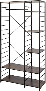 ottostyle.jp ハンガーラック 洋服ラック スリム 頑丈 収納 棚付き 【幅90cm×高さ176cm】 オープン スチール ディスプレイ ラック 可動棚 16段階調節可能 アイアン 木目調 ポールハンガー クローゼット ワードローブ シェルフ 衣類 [ウォールナット/ブラックフレーム]