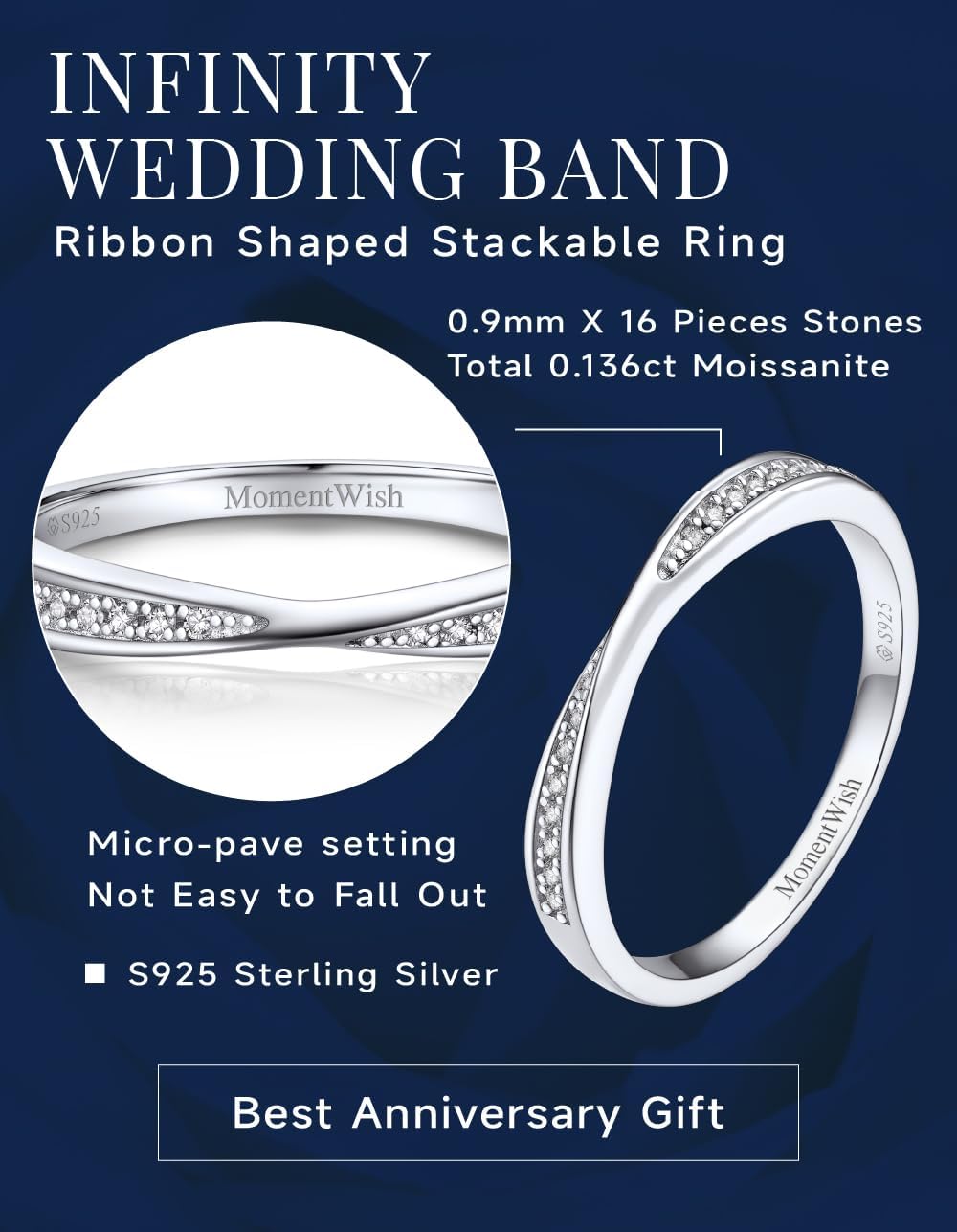 MomentWish Wedding Bands for Women, Moissanite Engagement Ring, Simulated Diamond Wedding Ring S925 Sterling Silver Eternity Rings