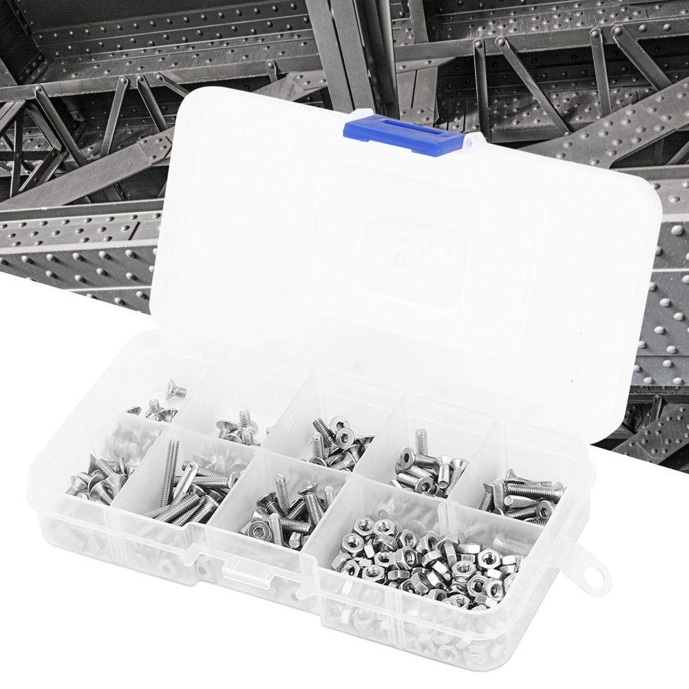 M3 Innensechskant-Flachkopf-Schrauben-Muttern-Sortiment, Edelstahl SS304, 340-teilig