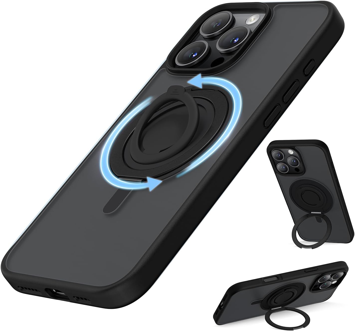 SURPHY 360° Magnetic Stand for iPhone 16 Pro Case with Finger Ring, Compatible with MagSafe, Ring Stand and Finger Ring Phone Case for 16 Pro 6.3 inch 2024, Frosted Black