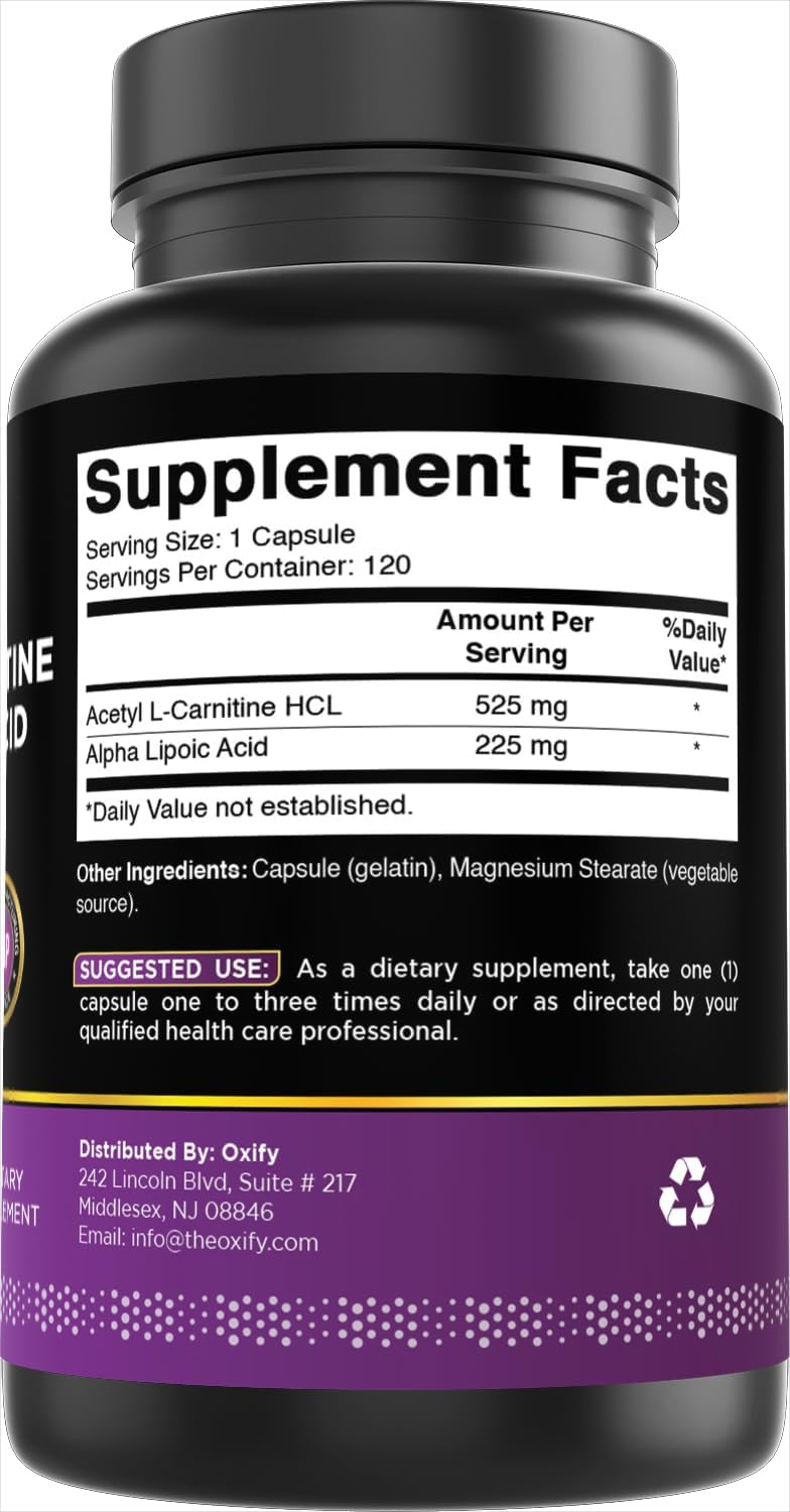 Oxify Acetyl L-Carnitine Alpha Lipoic Acid 750 mg | 120 Capsules | Gluten-Free, Non-GMO | Supplement Made in USA - Image 6