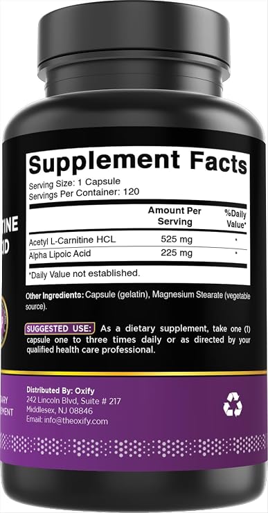 Oxify Acetyl L-Carnitine Alpha Lipoic Acid 750 mg | 120 Capsules | Gluten-Free, Non-GMO | Supplement Made in USA