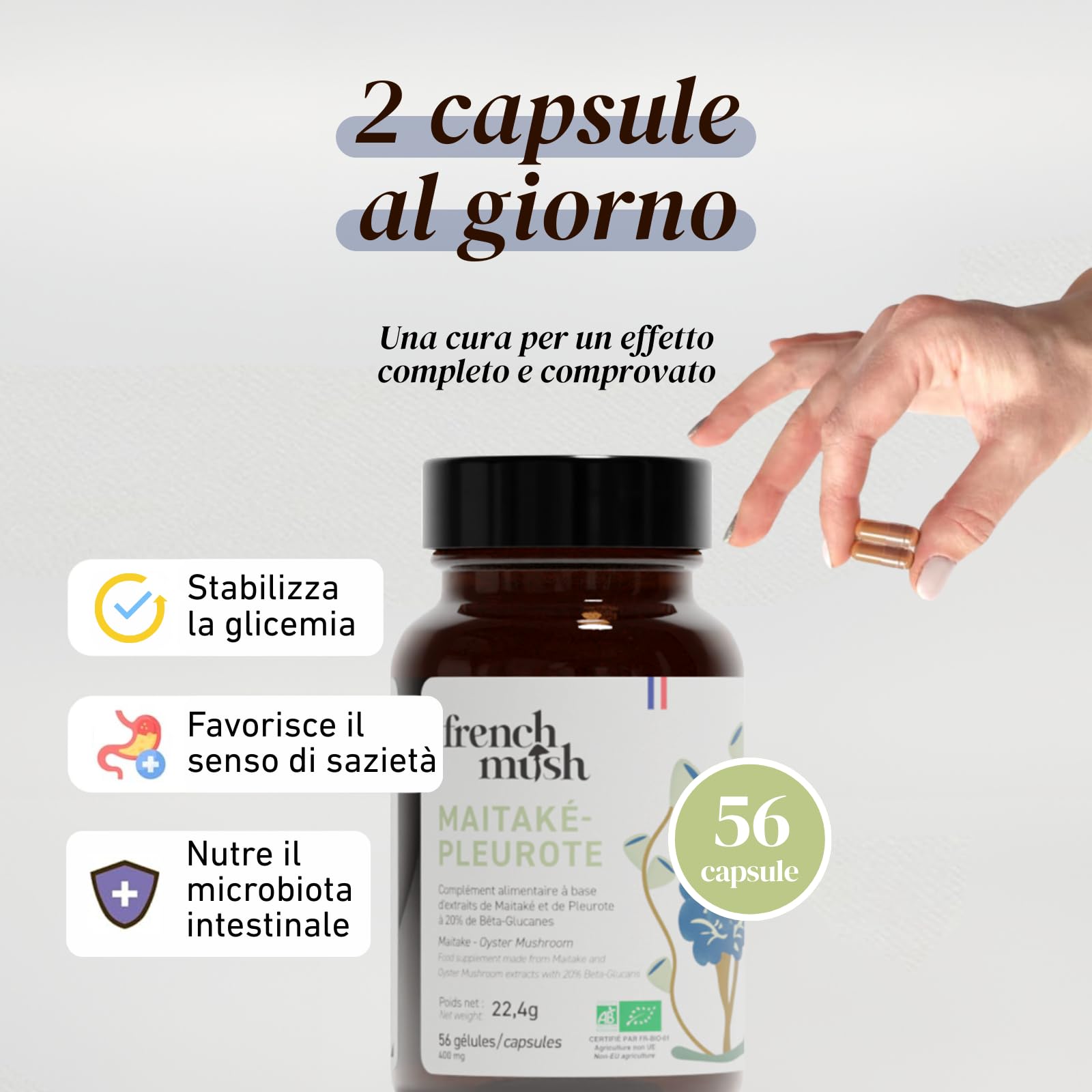 French Mush Duo Maitake & Pleurotus Bio – 56 Capsule Vegane - Digestione e Metabolismo - Estratti Concentrati 50/50 (20% Beta-Glucani) - 2 Capsule/Giorno - 100% Bio e Prodotto in Francia
