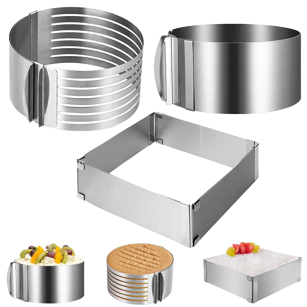 DASIAUTOEM Set di 3 anelli per torte regolabili, rettangolari, regolabili, aiuto per tagliare il fondo della torta, set di stampi per dolci per cottura e per la preparazione di torte, torte a strati