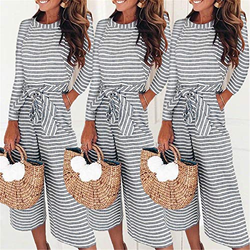 Mai Poetry Women's Striped Long Sleeve Waist Belted Wide Leg Jumpsuit (Large, Long Sleeve Grey)