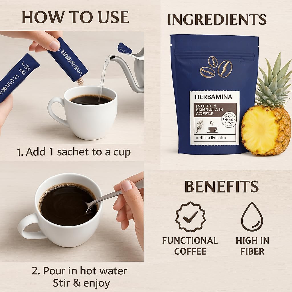 Herbamina Koffee mit Inulin und Bromelain, 30 Portionsbeutel à 3g, Kaffeegetränk mit Zusätzen, 90g Gesamtgewicht