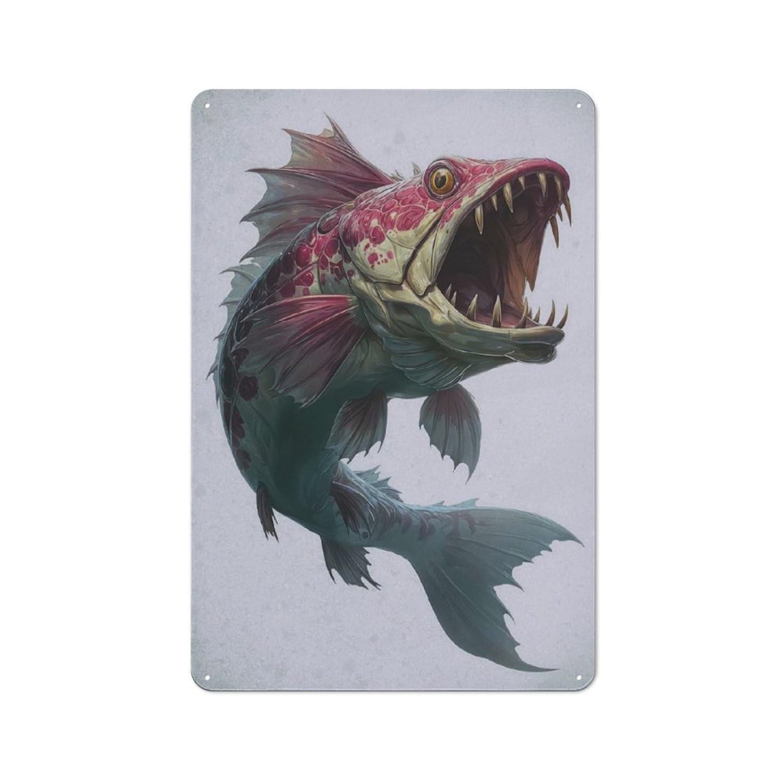 Metal Wall Sign 30x20cm Featuring Fierce Monster Fish for Pub Or Café, Housewarming Wall Decor for People Furnishing Pub And Café