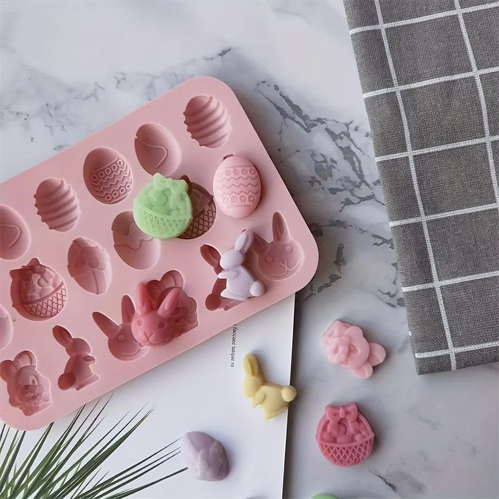 Easter Silicone Chocolate Mold 18 Cavity, Egg Bunny Basket Shapes Mold for DIY Chocolate, Candy, Jelly, Baking & Party Treats, Food Grade