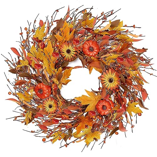 Sggvecsy Fall Wreath 22’’ Autumn Front Door Wreath Harvest Wreath With Pumpkin Daisy Berry Maple Leaves Fall Decorations For Outside Indoor Wall Window Festival Thanksgiving Fall Autumn Decor #TOP21