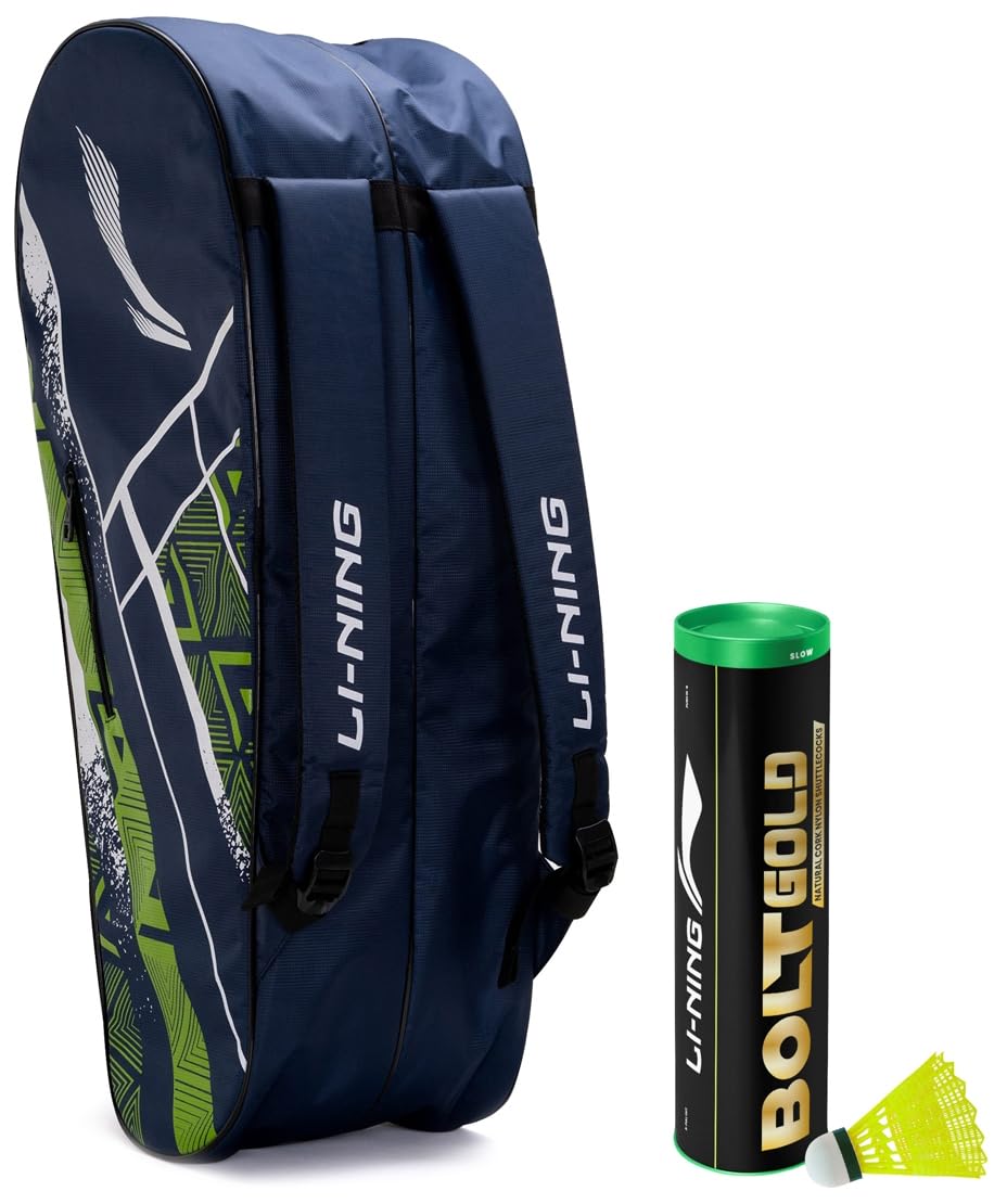Li-Ning Raider Max Double Zipper Polyester Badminton Kit Bag (Blue) Bolt Gold (6 in 1 Nylon Shuttlecock), Yellow