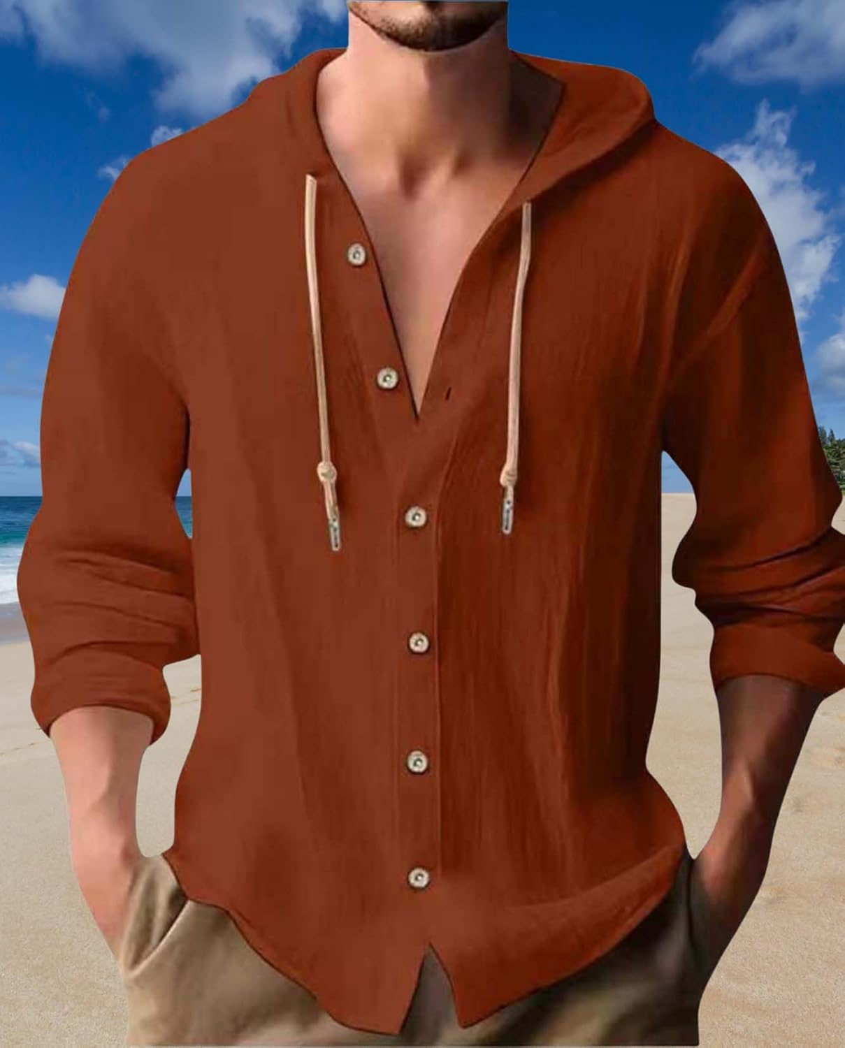 Linen Hoodie Shirt for Men Long Sleeve Button Down Loose Lightweight Beach Vacation Shirts Top - Image 5