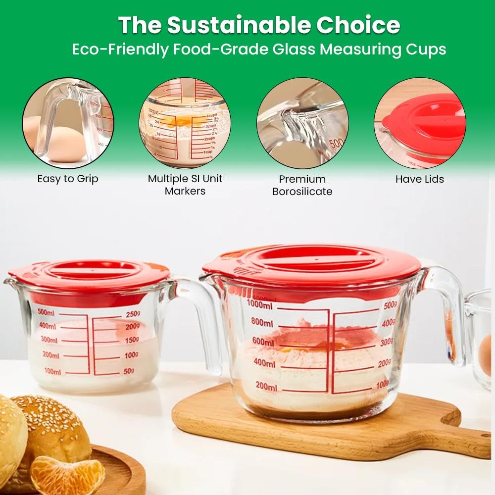 Home & Treat 6 Copas Medidoras de Cristal de Medición con 3 Tapas, Capacidad y Escala, 1 Taza/250 ml, 2 Tazas/500 ml, 4 Tazas/1000 ml, Jarras Medidoras Transparentes con Tapa y Asa para Cocina