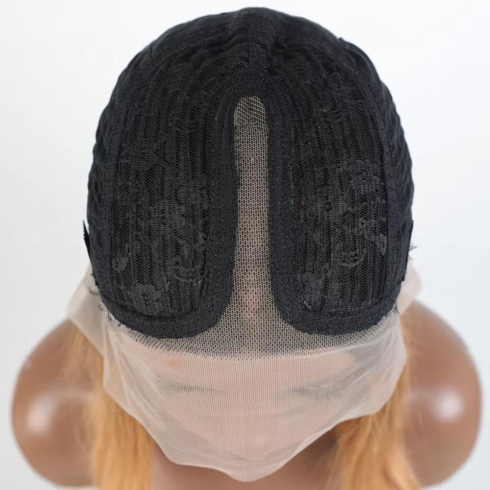 Haarpflege 100% Echthaar Perücke Highlight Braun Langer Gerader Mittelteil Bob Spitzenfront Für Frauen Ohne Kleber(Highlight Brown,10inches)