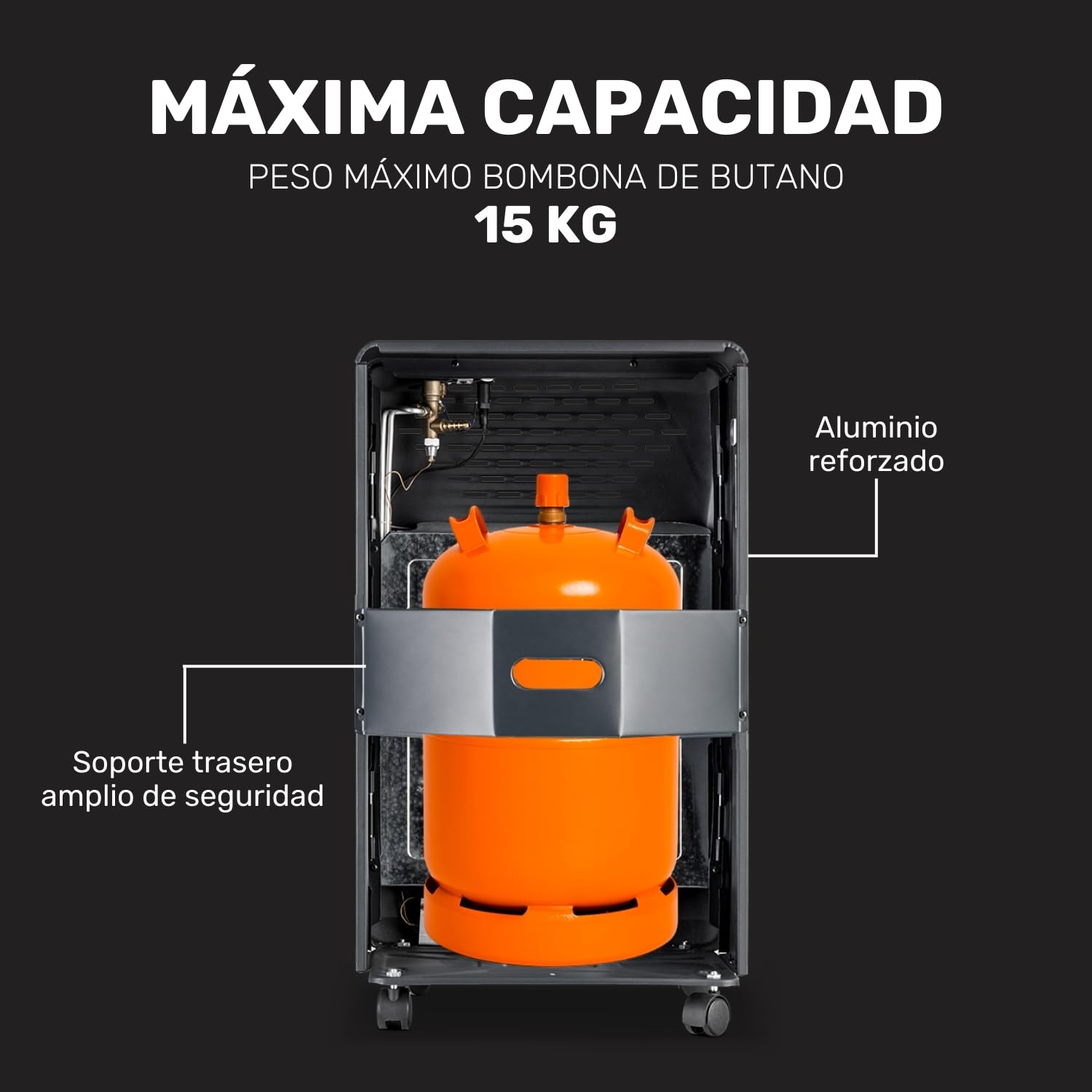 Taurus Gas Compact - Estufa de gas butano, estufa plegable, 4.2kW, 3 niveles de potencia, encendido piezoeléctrico, triple sistema de seguridad, 5 ruedas, bombona carga butano de máx 15kg