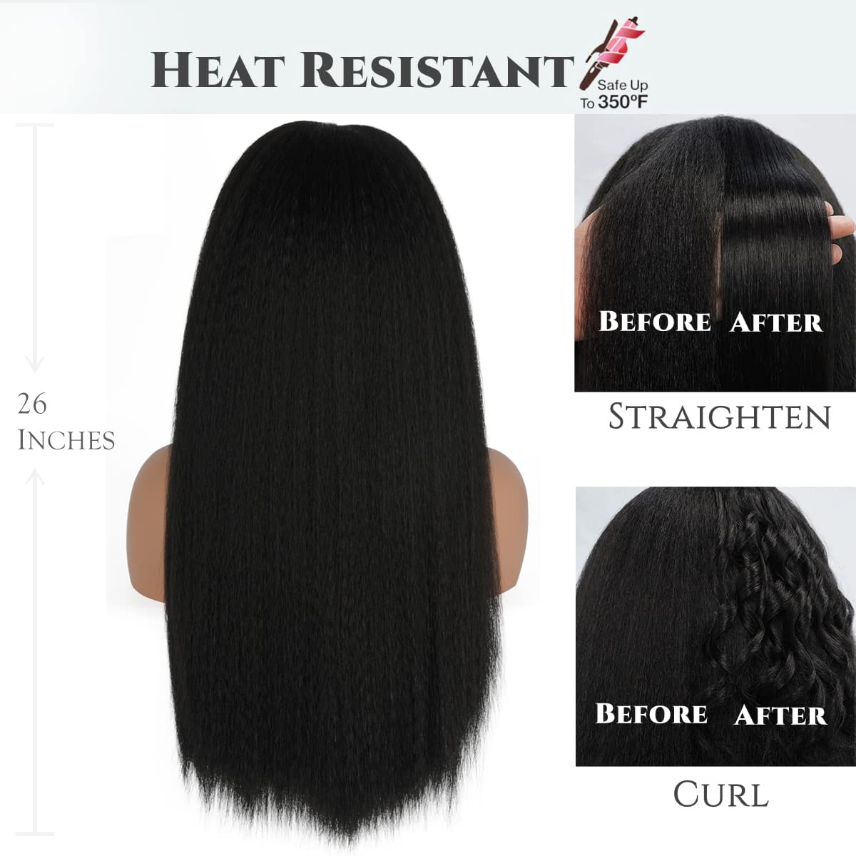 Kinky Straight Headband Wig, Soft & Natural as Human Hair, Glueless Headband Wigs for Black Women, Long Black Italian Yaki Synthetic Half Wig (1B Natural Black, 26 Inch)
