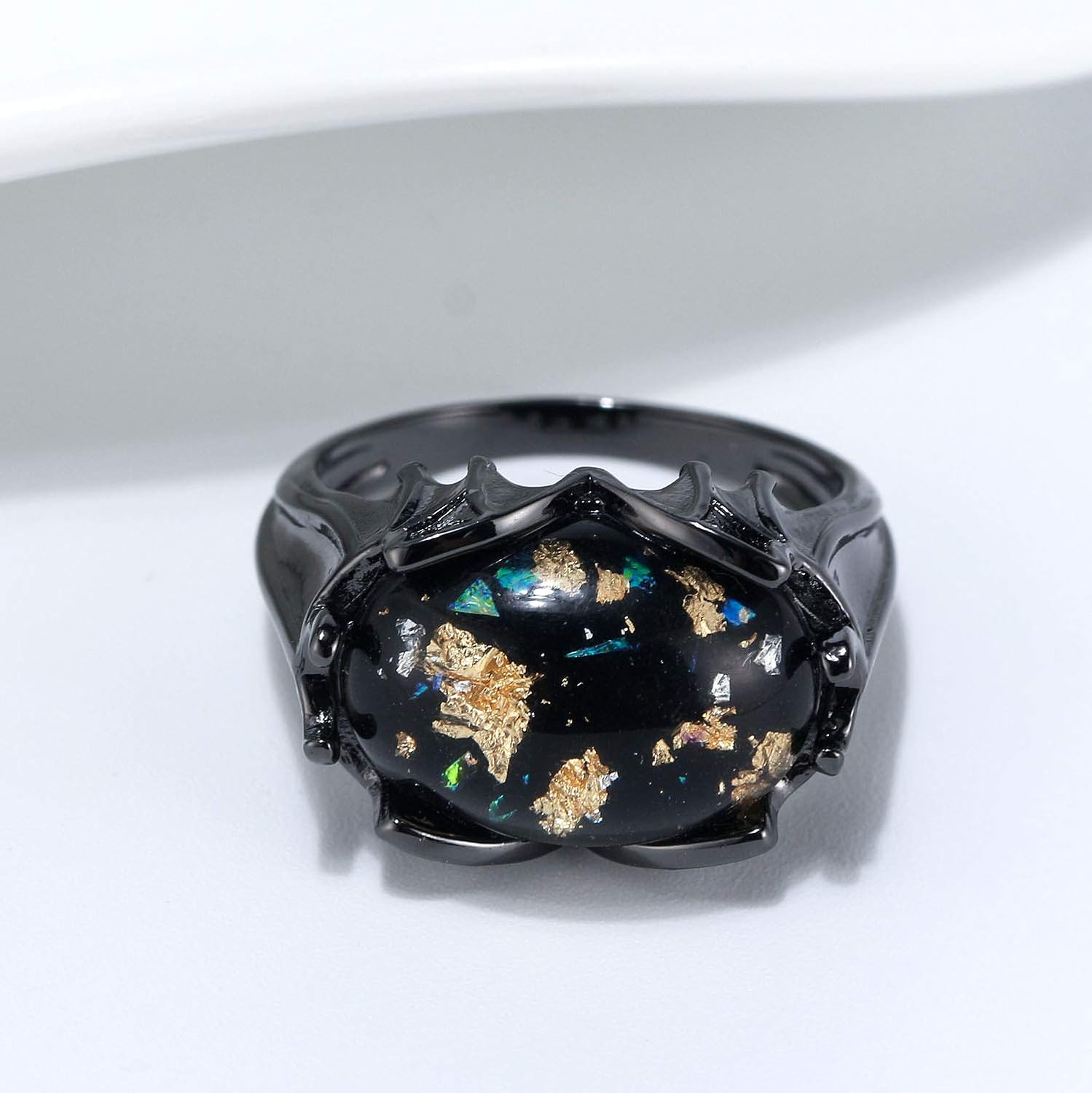 Dragoneye Statement Ring for Women by Ginger Lyne | Black Plated Eyeball Bat Wing Fantasy Elvish Style Purple Red or Black Simulated Stone