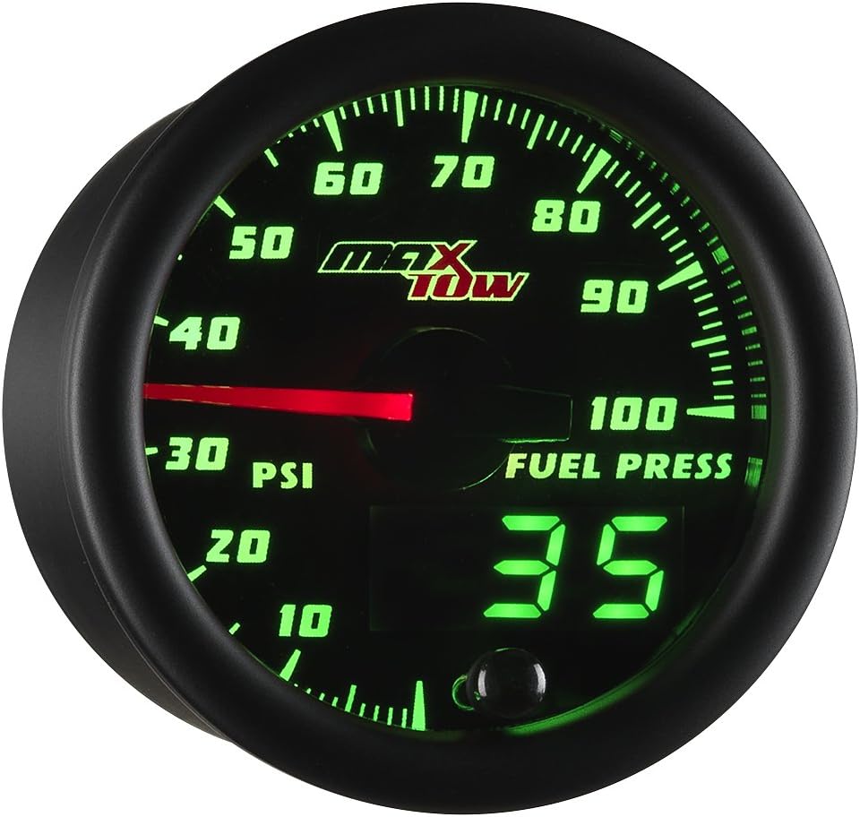 MaxTow Double Vision 100 PSI Fuel Pressure Gauge Kit - Includes Electronic Sensor - Black Gauge Face - Green LED Illuminated Dial - Analog & Digital Readouts - for Trucks - 2-1/16" 52mm