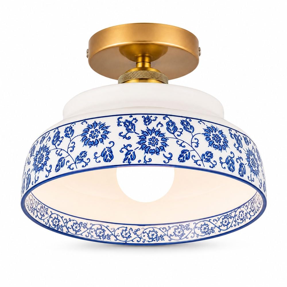 Jadssox Niebiesko-biała Ceramiczna Lampa Sufitowa W Stylu Vintage Złota Plafon, Porcelana Blisko Lamp Sufitowych Do Przedpokoju Kuchnia Przedpokój Foyer Balkon