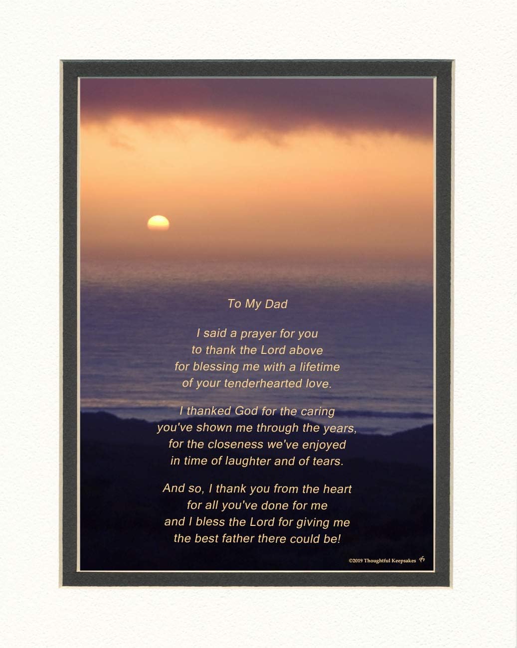 Dad Gift with "Thank You Prayer for Best Dad" Poem. Ocean Sunset Photo, 8x10 Double Matted. Special Father Gifts for Father's Day, Birthday, Christmas, Wedding.
