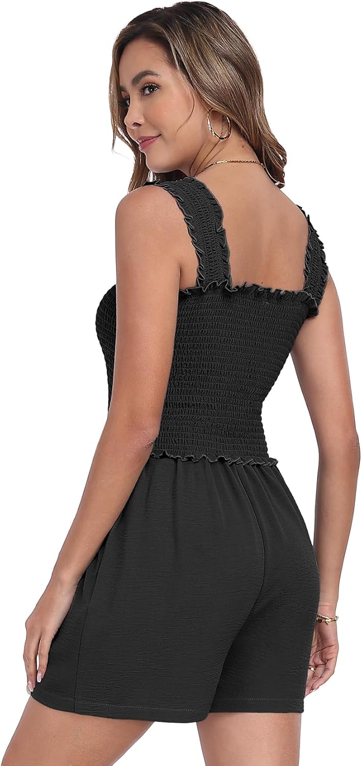 QIXING Women's Summer Casual Rompers Dressy Smocked Loose Comfy Short Jumpsuits Vacation Outfits With Pockets - Image 4