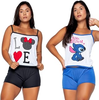 KIT 2 Pijama Baby Doll Estampado Curto De Malha Short Doll