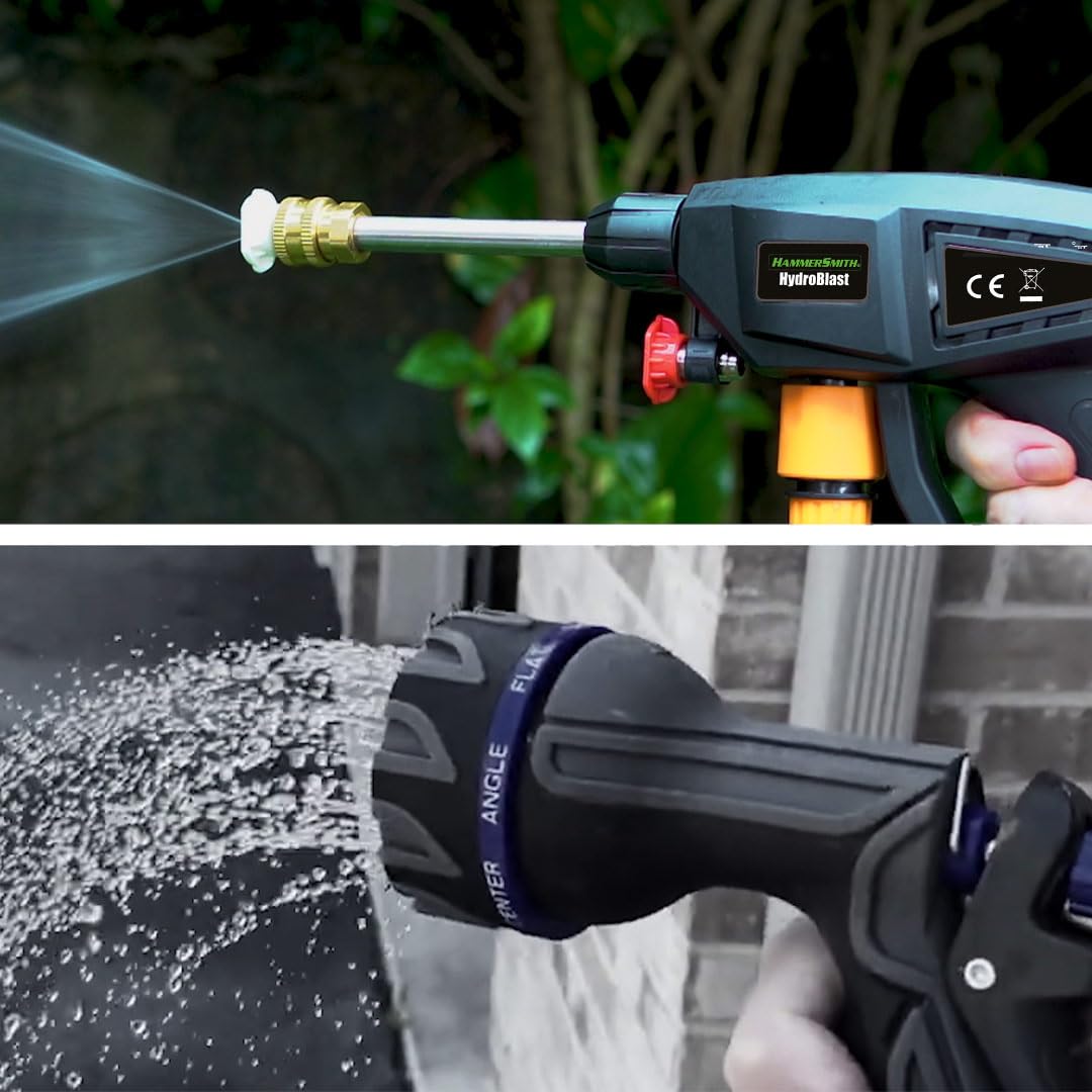 Hammersmith HydroBlast Pistolet de nettoyage sans fil avec réservoir d'eau et accessoires, pour tuyau d'arrosage, nettoyeur haute pression, portable, portée de 5 m